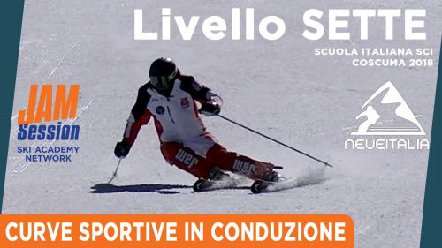 Curva sportiva in conduzione - livello 7 della scuola sci italiana illustrato da jam session