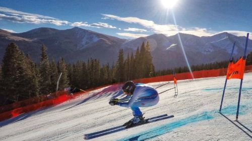 Bode Miller in Colorado with Bomber skis and suit the national