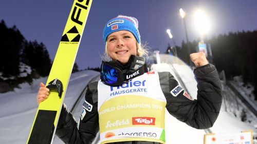 Leap: Maren Lundby wins the gold in the women's individual test at the end of a very tight race