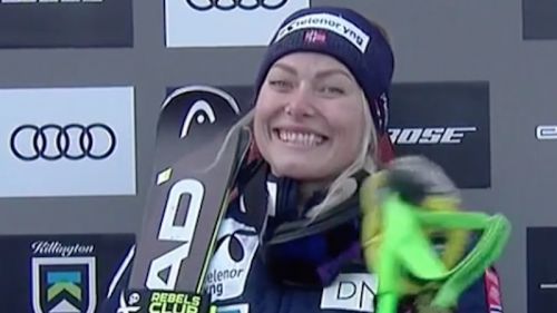 Ragnhild Mowinckel commands the first run of the Killington giant ahead of Federica Brignone