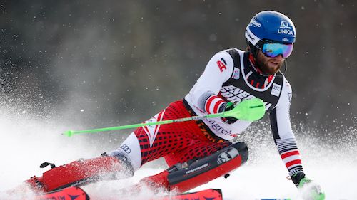 Marco Schwarz leads the first run of Adelboden slalom