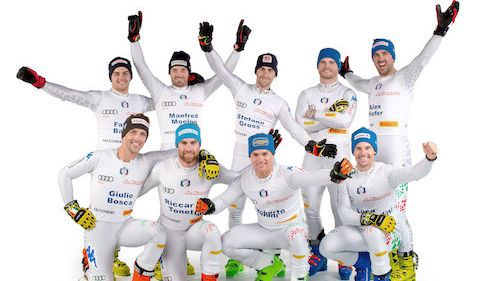 Seven blue gigantists prepare the Alta Badia at San Vigilio di Marebbe