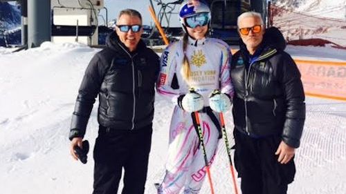 Lindsey Vonn in allenamento con gli azzurri della velocità al Passo San Pellegrino